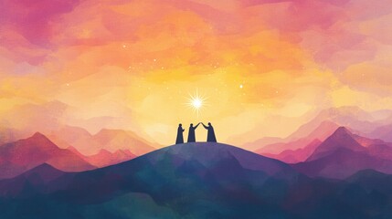 Fototapeta premium Three wise men following the star at sunset
