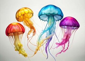 Vibrant Minimalist Jellyfish Display on White Background - Colorful Marine Life Art for Home Decor, Posters, and Educational Purposes