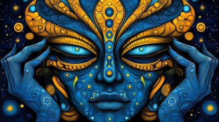 Obraz premium Mystical Blue Gold Goddess Face Art Cosmic Mandala Spiritual Portrait