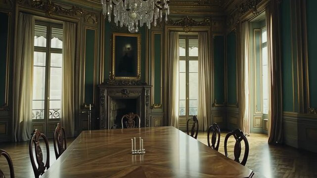 A large, ornate dining table sits in a stately room with tall windows, and a fireplace