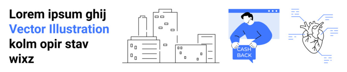 Text blocks, black and white cityscape buildings, person holding Cash Back sign in blue, anatomical heart diagram with labels. Ideal for financial, medical, educational, healthcare, urban planning