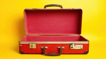 Vintage Red Suitcase with Open Lid on Yellow Background