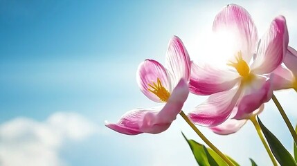 Fototapeta premium Pink Tulips Against Blue Sky.