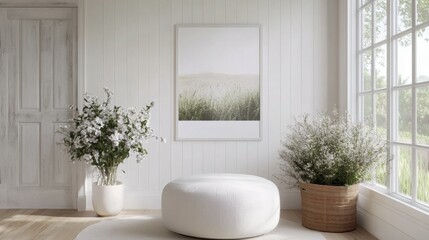 Modern Farmhouse Decor with AI Poster: A modern farmhouse living room featuring a round ottoman, fresh wildflowers, and a minimalist AI-generated poster mock-up