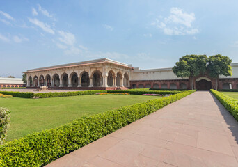 Landscape view Hall of Public Audience or public large hall Diwan-i-Aam with large courtyard in Agra fort Agra,India.