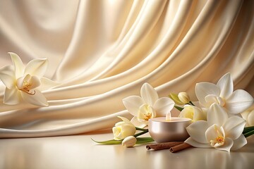 Light Beige Grainy Gradient Background with Vanilla Tones - Blurry Cosmetics Setting Featuring Silk Drapery for Elegant and Soft Aesthetic Visuals