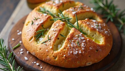 Freshly Baked Rosemary Focaccia in Golden Hues Served on Rustic Wooden Board