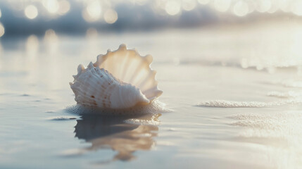White Conch Shell Resting on Calm Water Surface in Soft Light