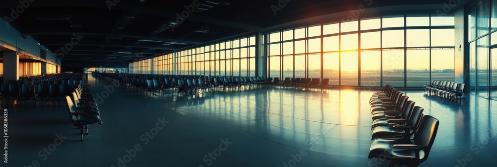 Poster Rows of empty seats are bathed in warm sunset light streaming through large windows in this modern airport terminal waiting area