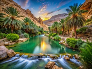 Long Exposure of Lush Greenery and Date Palms on Mountainsides of Wadi Al Ghuwayr near Amman, Jordan, Capturing the Serene Beauty of Nature’s Oasis in the Gorge
