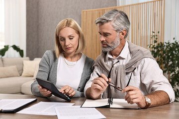 Couple planning pension budget at table indoors