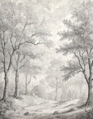 A mural for the walls. Drawing of a forest in the French style. Vintage photo wallpapers. A mural for the walls.