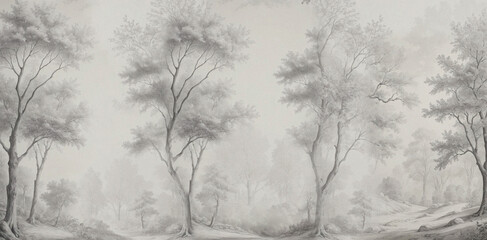 A mural for the walls. Drawing of a forest in the French style. Vintage photo wallpapers. A mural for the walls.