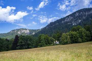 Valley of Ettal Abbey in Bavaria aerial drone footage