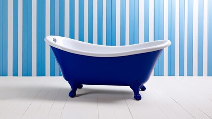 Naklejka premium Blue Clawfoot Bathtub White Floor Striped Walls Bathroom Interior Design