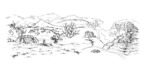 Scenery landscape of mountains, Mesoamerican Aztec pyramid ruins, pasture land trees vista hand drawn in ink, isolated on white. Illustration for tourism, resort ads, hiking camping sites, vacation.