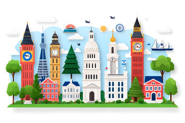 Naklejka premium Famous European city landmarks, hand-drawn flat style illustration, isolated on white background