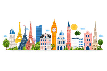 Fototapeta premium Famous European city landmarks, hand-drawn flat style illustration, isolated on white background