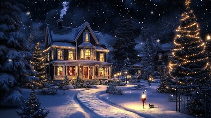 Snow falling on victorian house decorated for christmas eve with illuminated christmas tree