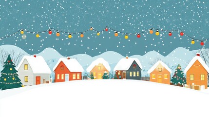 Fototapeta premium Snowy village scene with decorated houses and festive lights, with a large copy space in the sky area for a holiday message.