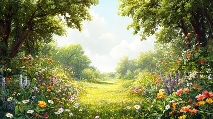 Realistic Wildflower Garden with Lush Greenery and Colorful Blossoms on White Background