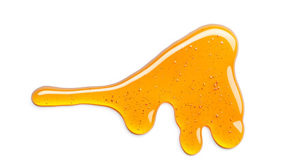 Flowing honey isolated on white background. Yellow honey drip on screen