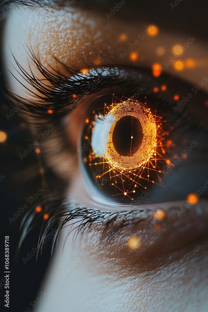Poster eye reflecting futuristic glowing orange circular data network