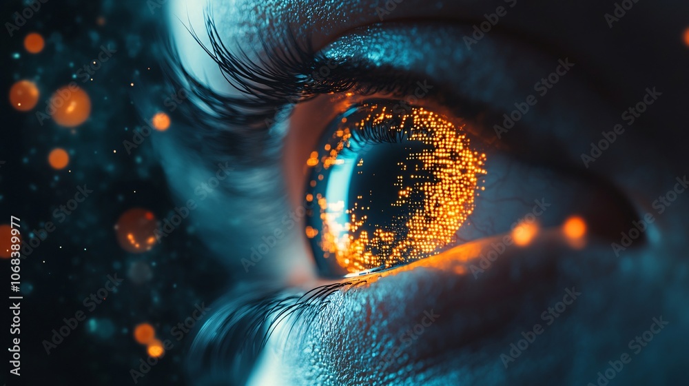 Poster human eye showing futuristic digital data visualization inside iris