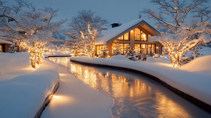 Fototapeta premium serene winter landscape featuring frozen lake and illuminated trees