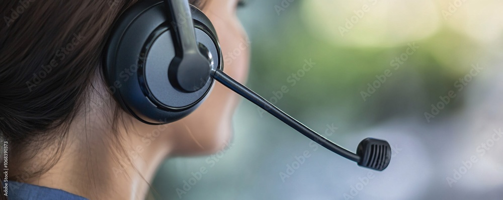 Poster Close-up of call center operator wearing headset in office