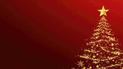 Traditional Christmas tree in a red and gold theme, with copy space available on the right side for festive greetings.