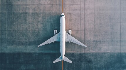 Aerial view of a large white passenger airplane standing on an airport runway tarmac, preparing for departure or arrival