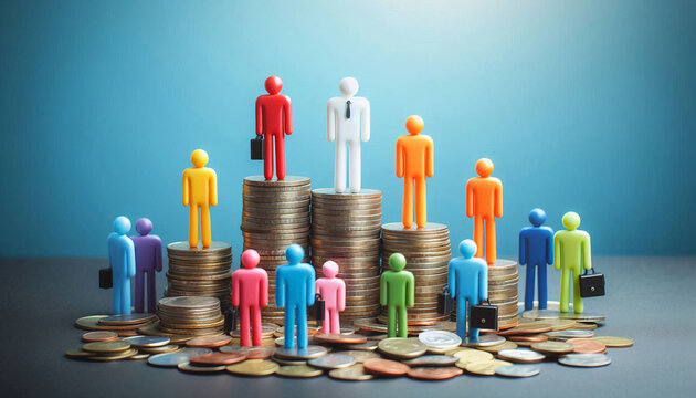Colorful toy figures stand on stacks of coins, illustrating the concept of wealth hierarchy and social inequality