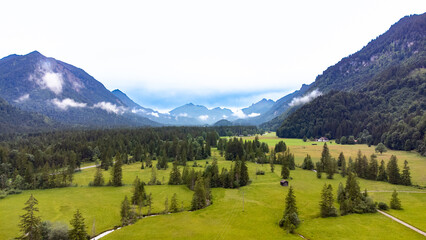 Valley of Ettal Abbey in Bavaria aerial drone footage