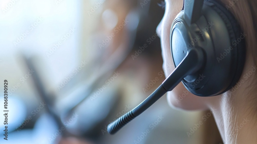 Poster Call center operator wearing headset is working in the office