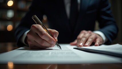 Businessman Signing a Contract in a Dimly Lit Office at Night Using a Fountain Pen for Importance and Professionalism