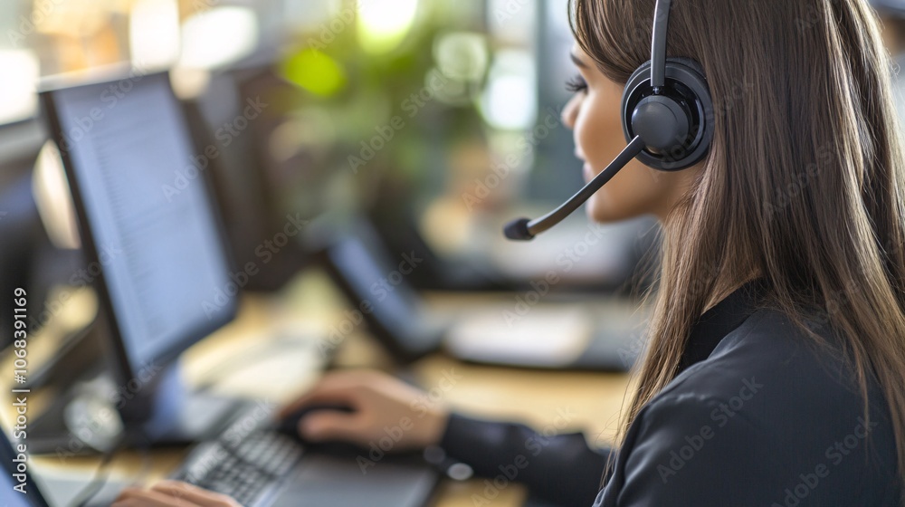 Poster Customer service representative working in busy call center office