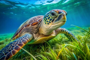 Fototapeta premium Majestic Green Sea Turtle Grazing on Lush Sea Grass in Vibrant Underwater Scene, Captured in Stunning Close-Up During Slow Motion for Nature Enthusiasts and Ocean Lovers