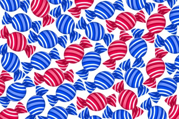 Fototapeta premium Pattern, candy, seamless pattern with candies, blue and red background, red, candy pattern, blue, blue candy, chocolate, package design, illustration, 3d, fabric, paper, wrapping, sweets, art, food