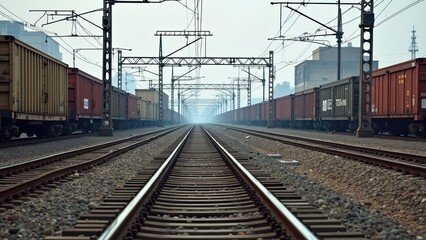 Fototapeta premium Train Tracks Lined With Cargo Containers in an Industrial Area on a Foggy Day, Capturing a Sense of Depth and Perspective