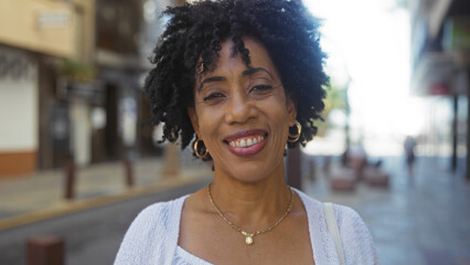 A beautiful young african american woman with curly hair smiles outdoors in an urban street, showcasing her vibrant personality and the lively city backdrop.