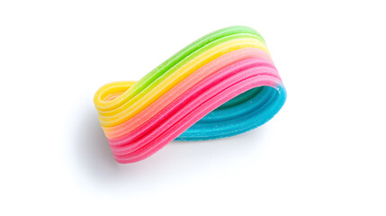 Sour gummy belts in rainbow vibrant colors isolated on white