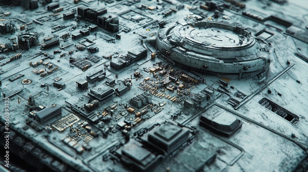 Poster Futuristic motherboard surface showing complex circuitry and central processing unit