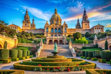 Obraz premium Majestic View of Montjuic National Palace Against a Clear Blue Sky with Lush Gardens in Foreground, Ideal for Travel and Architectural Photography, Copy Space Available