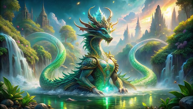 Majestic Tiamat Unveiled: A Serpentine Dragon Emerging from Ancient Waters with High Depth of Field, Enveloped by Ethereal Mist and Luminous Crystals in a Mystical Landscape
