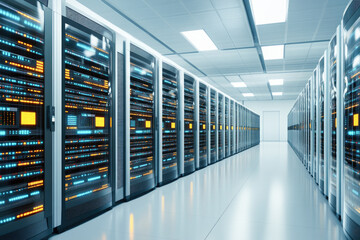 Modern data center with rows of illuminated servers in a high-tech environment, symbolizing the backbone of digital infrastructure and advanced data processing capabilities. 