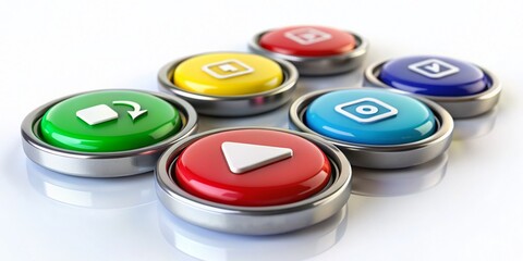 Media Player Buttons on White Background - A Tilt-Shift Photography Perspective Featuring Play, Pause, Stop, Rewind, and Fast Forward Controls for Digital Media Applications