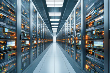 Modern data center with rows of illuminated servers in a high-tech environment, symbolizing the backbone of digital infrastructure and advanced data processing capabilities. 
