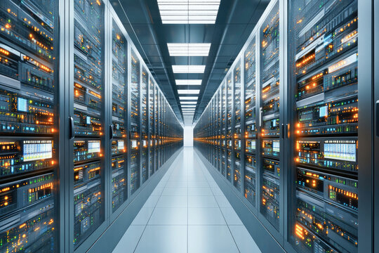 Modern data center with rows of illuminated servers in a high-tech environment, symbolizing the backbone of digital infrastructure and advanced data processing capabilities. 