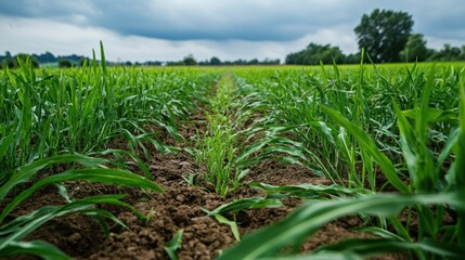 Fototapeta premium A field of bioengineered crops showcasing drought-resistant features, symbolizing the role of biotechnology in climate change adaptation.